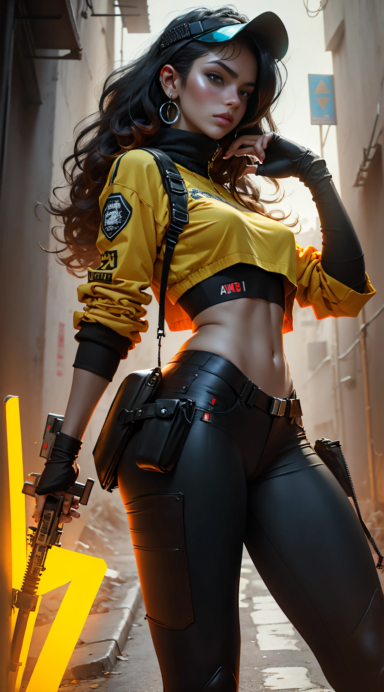 motor world,irreal:1.4,CG ultra realista 64K, fotorrealista:1.4, textura de la piel:1.4, obra maestra:1.4,Hermosa mujer con sombrero de pelo largo、holding gun, ak-47, assault rifle, kalashnikov rifle, trigger_discipline, low-ready Ropa corta estilo cyberpunk bike,color amarillo, pantimedias red, sexzy elastic pant