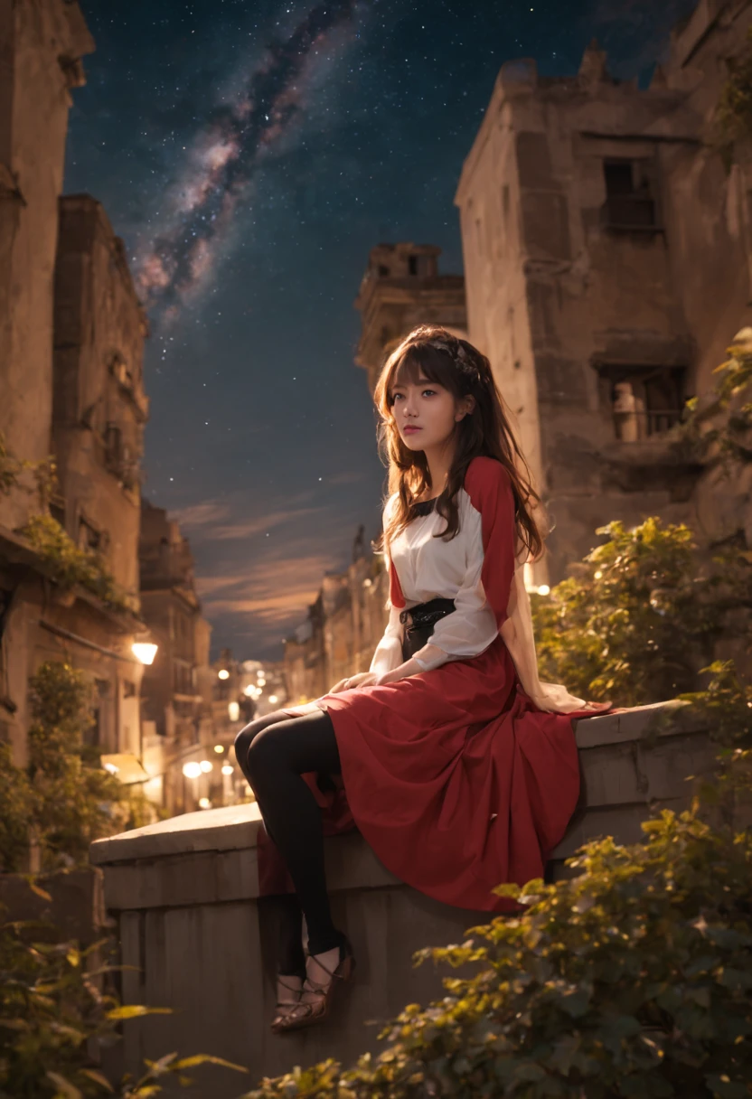 octans, sky, star (sky), scenery, starry sky, night, 1girl, night sky, solo, outdoors, building, cloud, milky way, sitting, tree, long hair, city, silhouette, cityscape