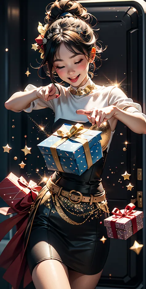 christmas girl, happy, gifts, sparkle particles, amazing theme