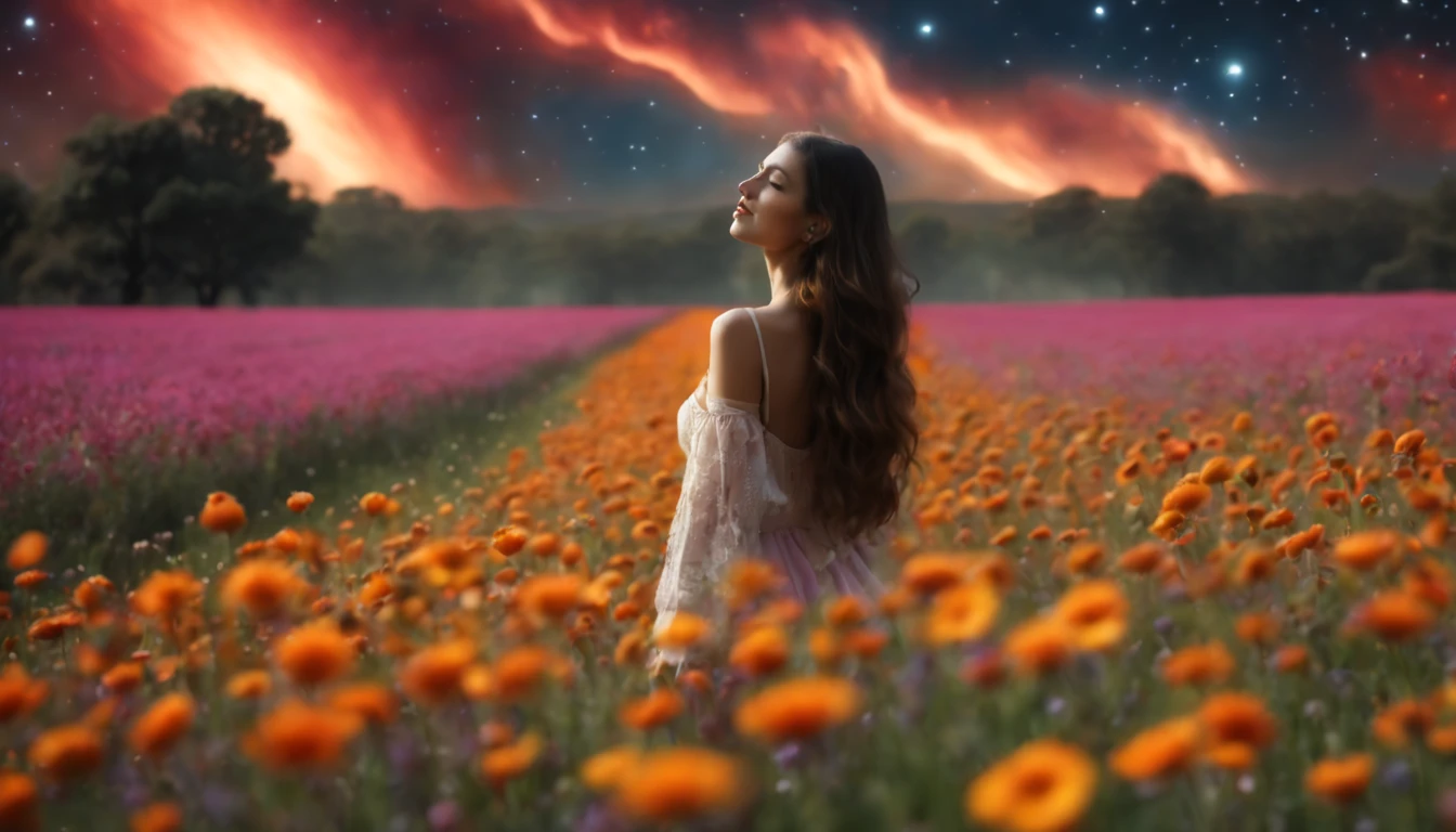 ((melhor qualidade)), ((master part)), Vasta foto de paisagem, (de baixo, The sky above and the open field below), a girl standing on a flower field looking up, (lua cheia: 1.2), (Meteoro: 0.9), (nebula: 1.3), Montanhas distantes, Trees BREAK Making Art, (Fonte de Luz Quente: 1.2), (Pirilampo: 1.2), lamps, Muito roxo e laranja, Detalhamento intrincado, Volumetric lighting, Realismo BREAK (master part: 1.2), (melhor qualidade), 4k, ultra-detalhado, (dynamic compositing: 1.4), Very detailed, Riqueza de detalhes, (Cores iridescentes: 1.2), (brilhar, Atmospheric Illumination), sonhador, magica, (sozinho: 1.2), profundidade de campo, Maximum Sharpness and Clarity, perfectly proportions,