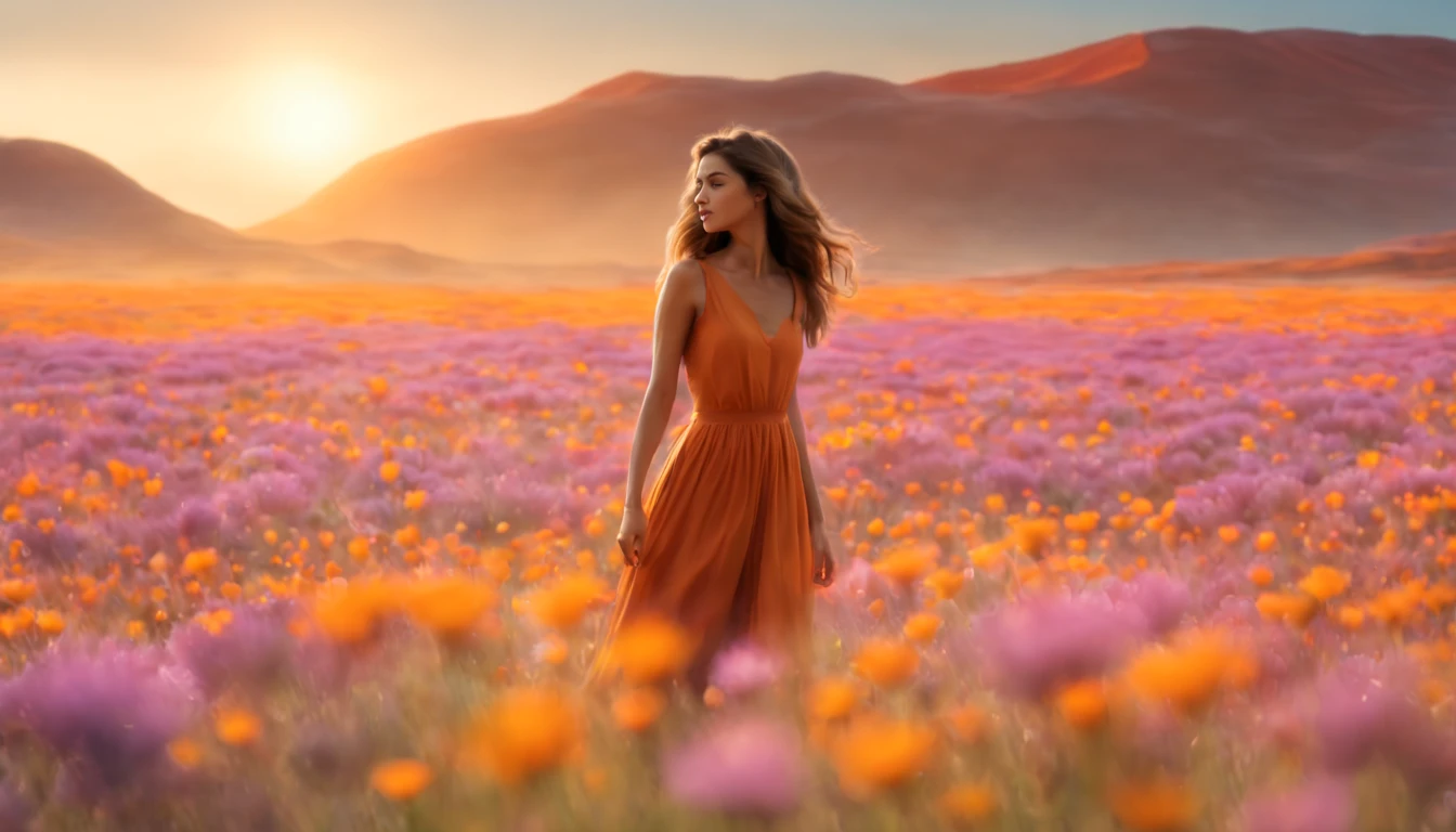 photographie de paysage expansive, (Vue d&#39;en bas avec vue sur le ciel et le désert en contrebas), (((Fille debout dans un champ de fleurs en levant))), (prends la clé: 1.2), (étoile filante: 0.9), (nébuleuse: 1.3), montagne lointaine, Art de production de bris d&#39;arbres, (source de lumière chaude: 1.2), (Pirilampeo: 1.2), lampe, violet et orange, détails complexes, Éclairage volumétrique, réalisme PAUSE (partie maîtresse: 1.2) (meilleure qualité), 4k, ultra-détaillé, (configuration dynamique: 1.4), Détails très détaillés et colorés, (Noyaux irisés: 1.2), (éclairage lumineux, Éclairage atmosphérique), rêveur, magique, (seul: 1.2)