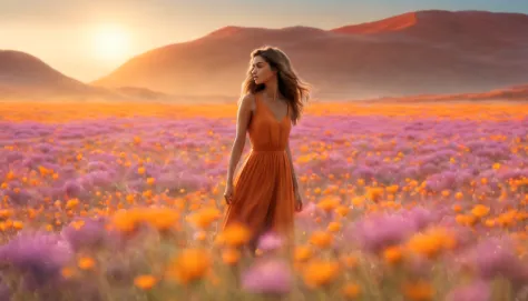 fotografia de paisagem expansiva, (View from below with a view of the sky and desert below), (((Girl standing in a field of flow...