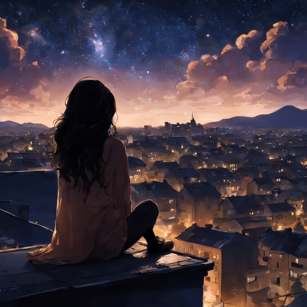 octans, sky, star (sky), scenery, starry sky, night, 1girl, night sky, solo, outdoors, building, cloud, milky way, sitting, tree, long hair, city, silhouette, cityscape