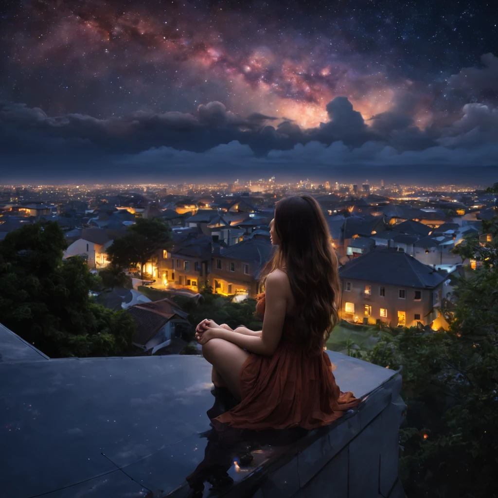 octans, sky, star (sky), scenery, starry sky, night, 1girl, night sky, solo, outdoors, building, cloud, milky way, sitting, tree, long hair, city, silhouette, cityscape