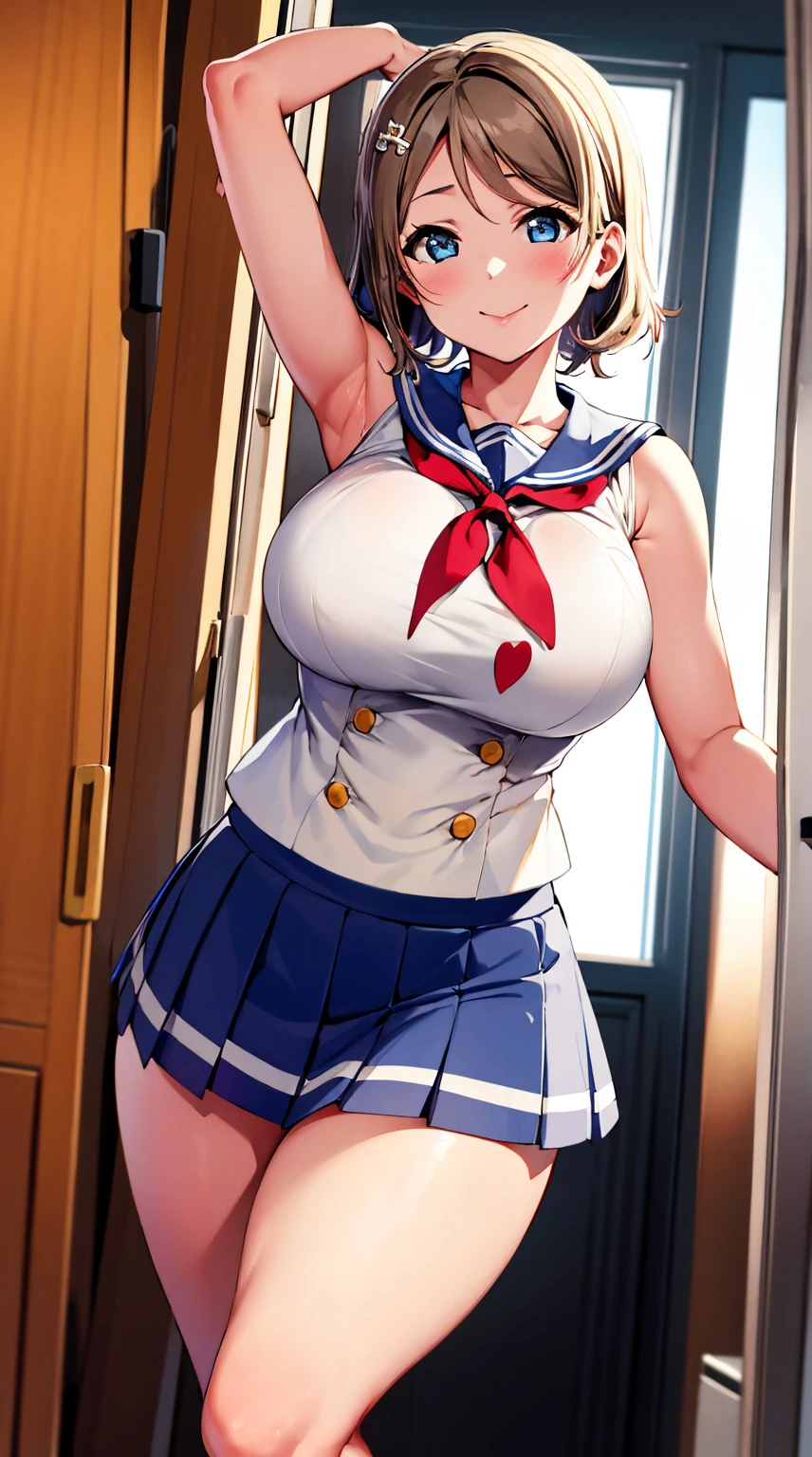 masutepiece, Best Quality, 1girl in, Akira Watanabe, Looking at Viewer, Bangs, Blue eyes, Hair Ornament, Large Full Breasted, Wearing a white school uniform　　(large full breasts、big butts　thighs thighs thighs thighs)+++++++ 　　　　a miniskirt　(Very short skirt length,1 centimeter)　　Rolled up skirt　　　　Sleeveless smiling face　　armpit+++