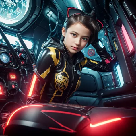 13 year old cailee spaeny inside a cyberpunk submarine, wearing cat ears, ((vault girl suits)), kneeling on a mattress on the fl...