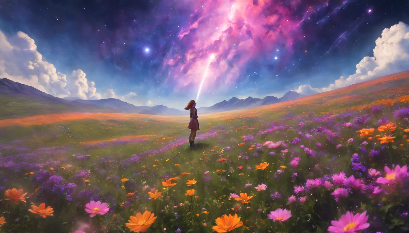 expansive landscape photograph, (View from below with a view of the sky and desert below), (((Girl standing in a field of flowers looking up))), (fullmoon: 1.2), (Shooting Star: 0.9), (nebula: 1.3), distant mountain, tree BREAK production art, (Warm Light Source: 1.2), (Pirilamplighto: 1.2), lamplight, purple and orange, details Intricate, Volume Lighting, realism BREAK (master part: 1.2) (best qualityer), 4K, ultra detali, (Dynamic configuration: 1.4), highly detailed and colorful details, (Iridescent Colors: 1.2), (bright illumination, Atmospheric Illumination), dreamy, magica, (standing alone: 1.2)