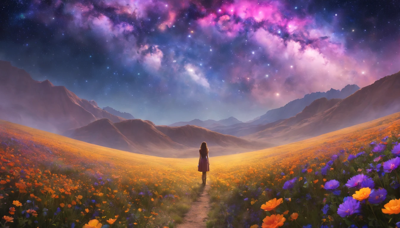 expansive landscape photograph, (View from below with a view of the sky and desert below), (((Girl standing in a field of flowers looking up))), (fullmoon: 1.2), (Shooting Star: 0.9), (nebula: 1.3), distant mountain, tree BREAK production art, (Warm Light Source: 1.2), (Pirilamplighto: 1.2), lamplight, purple and orange, details Intricate, Volume Lighting, realism BREAK (master part: 1.2) (best qualityer), 4K, ultra detali, (Dynamic configuration: 1.4), highly detailed and colorful details, (Iridescent Colors: 1.2), (bright illumination, Atmospheric Illumination), dreamy, magica, (standing alone: 1.2)