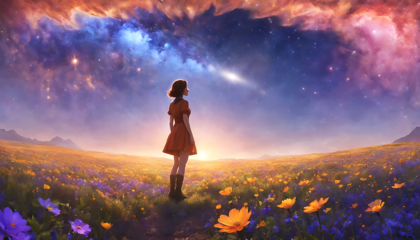 expansive landscape photograph, (View from below with a view of the sky and desert below), (((Girl standing in a field of flowers looking up))), (fullmoon: 1.2), (Shooting Star: 0.9), (nebula: 1.3), distant mountain, tree BREAK production art, (Warm Light Source: 1.2), (Pirilamplighto: 1.2), lamplight, purple and orange, details Intricate, Volume Lighting, realism BREAK (master part: 1.2) (best qualityer), 4K, ultra detali, (Dynamic configuration: 1.4), highly detailed and colorful details, (Iridescent Colors: 1.2), (bright illumination, Atmospheric Illumination), dreamy, magica, (standing alone: 1.2)