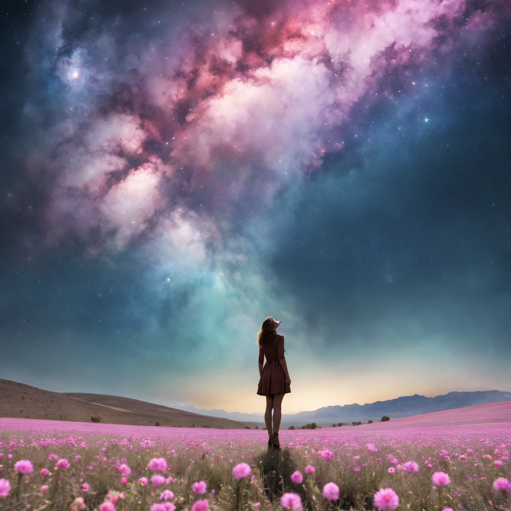 expansive landscape photograph, (View from below with a view of the sky and desert below), (((Girl standing in a field of flowers looking up))), (fullmoon: 1.2), (Shooting Star: 0.9), (nebula: 1.3), distant mountain, tree BREAK production art, (Warm Light Source: 1.2), (Pirilamplighto: 1.2), lamplight, purple and orange, details Intricate, Volume Lighting, realism BREAK (master part: 1.2) (best qualityer), 4K, ultra detali, (Dynamic configuration: 1.4), highly detailed and colorful details, (Iridescent Colors: 1.2), (bright illumination, Atmospheric Illumination), dreamy, magica, (standing alone: 1.2)