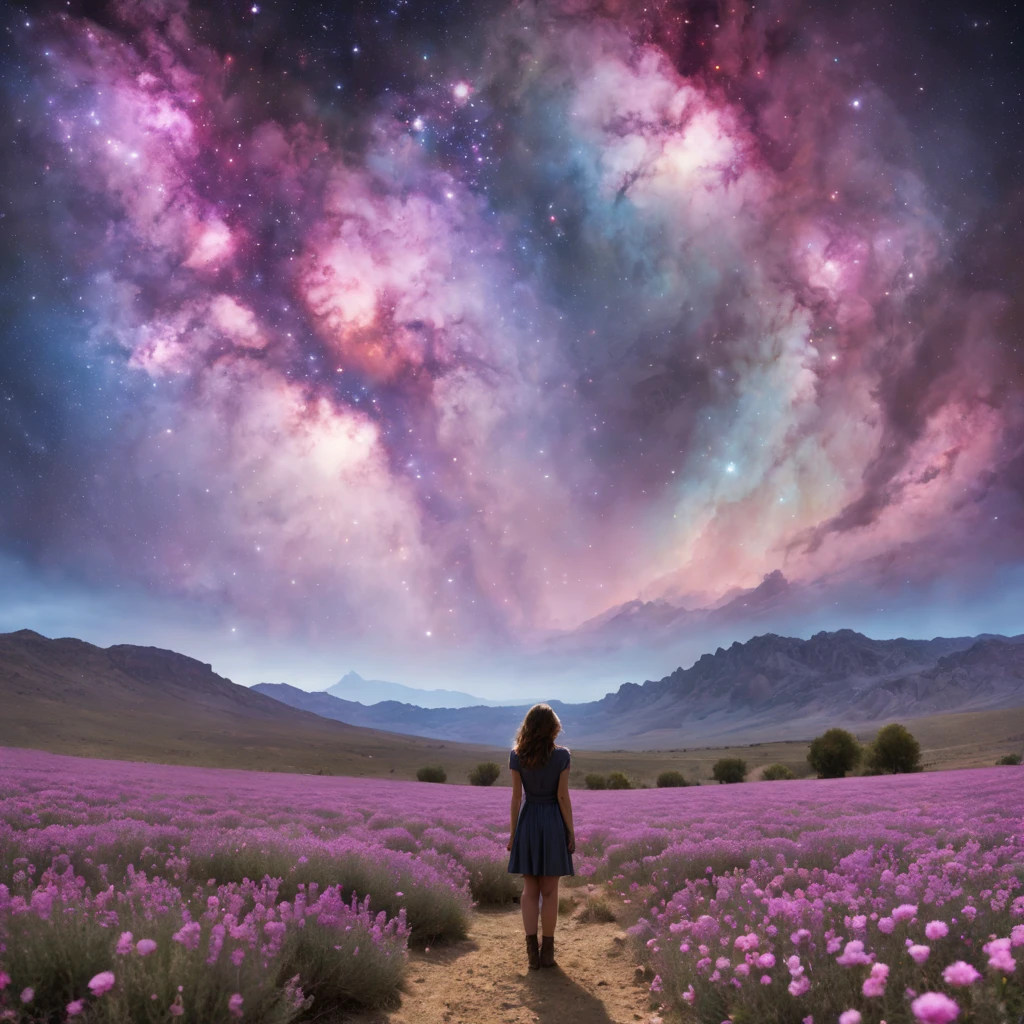 expansive landscape photograph, (View from below with a view of the sky and desert below), (((Girl standing in a field of flowers looking up))), (fullmoon: 1.2), (Shooting Star: 0.9), (nebula: 1.3), distant mountain, tree BREAK production art, (Warm Light Source: 1.2), (Pirilamplighto: 1.2), lamplight, purple and orange, details Intricate, Volume Lighting, realism BREAK (master part: 1.2) (best qualityer), 4K, ultra detali, (Dynamic configuration: 1.4), highly detailed and colorful details, (Iridescent Colors: 1.2), (bright illumination, Atmospheric Illumination), dreamy, magica, (standing alone: 1.2)