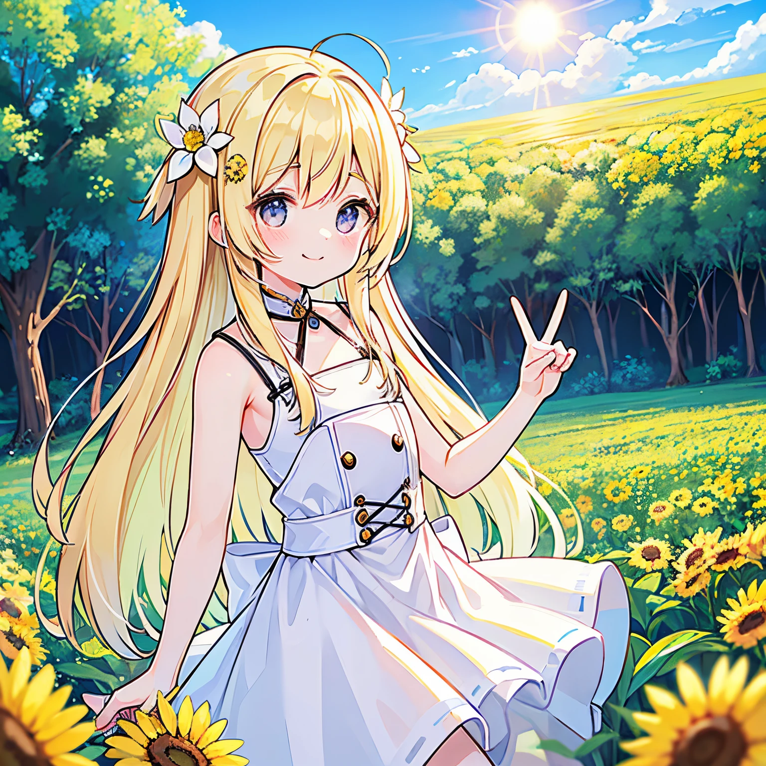 10 generations　femele　a blond　The long-haired　Aimei　tthin eyebrows　Small mouth　small nose　tiny chest　White sleeveless dress　de pele branca　flower  field　Sun flower　suns　a smile　Peace sign with both hands　Overall picture