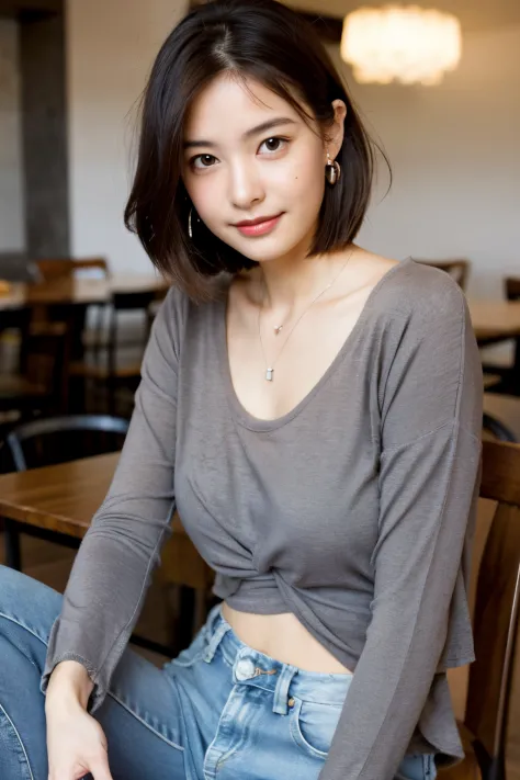 Best Quality, masutepiece, 超A high resolution,(Photorealistic:1.4), (Raw photo:1.2), (sit a chair:1.2), (detailed buttocks:1.1), In the restaurant,half_Smile, Detailed eyes, (Looking at Viewer:1.2), (gray casual clothes), (casual pants:1.2), (Beautiful fac...