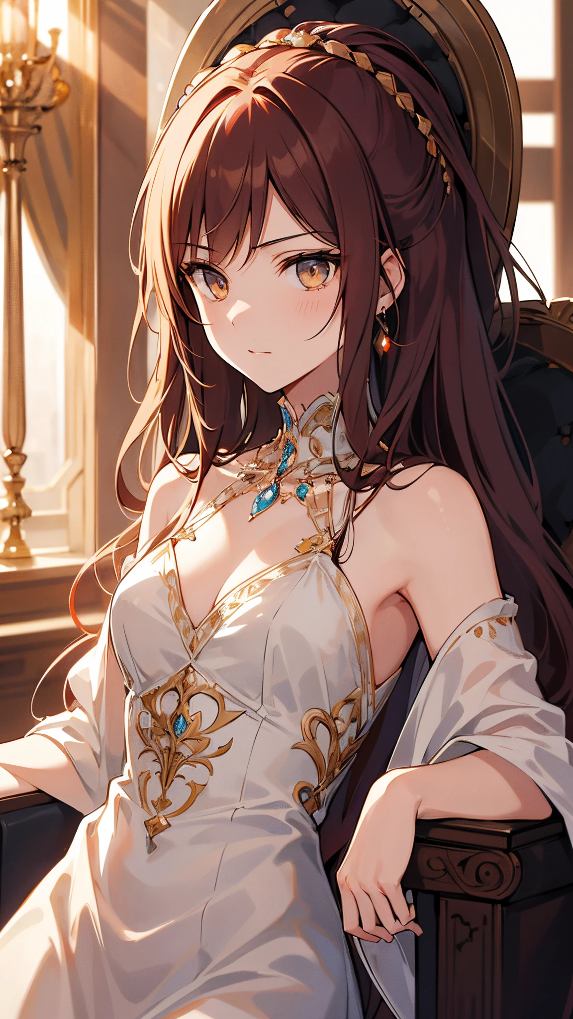 auburn hair, amber eyes, princess, royalty, long hair, hair-up, slender body, dynamic angle, gentle expression, throne room, elegant, dignified, intimidatinasterpiece, ultra-detailed, best quality]