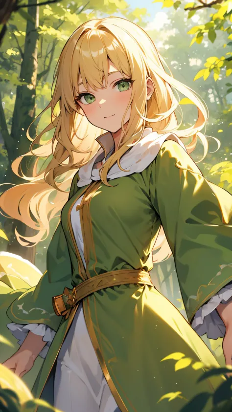blonde hair, green eyes, princess, royalty, medium hair, fit body, dynamic angle, forest background, princess robes, gentle,  [masterpiece, ultra-detailed, best quality]