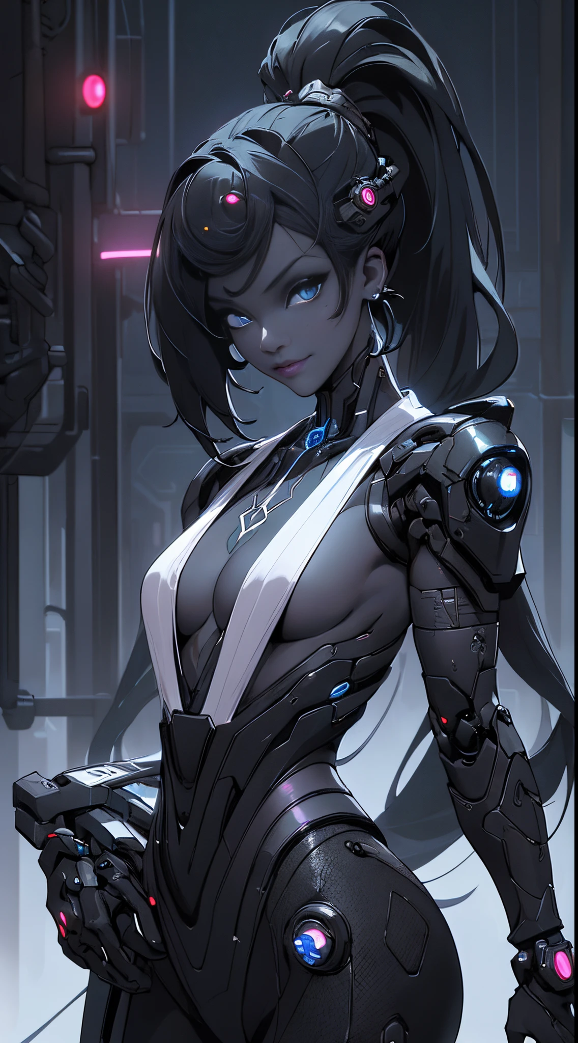 Cyborg d&#39;Ariana Grande, Cybersamouraï, nu, Cheveux longs, yeux bleus, cheveux noirs, gros seins, encolure, cuisses larges, La science-fiction, ciborg:1.4, cyberpunk,( le fond noir brille: 1.25),8K plus détaillé.moteur irréel:1.4,UHD,La meilleure qualité:1.4, Photoréaliste:1.4, Texture de la peau:1.4, chef-d&#39;œuvre:1.8,premier travail, meilleure qualité,objet Objet], (traits du visage détaillés:1.3),(Des yeux subtils et beaux :1.1),(anatomie parfaite),lingerie sexy rose,(Cybersamouraï blanc:1.4),(Couleurs cyberpunkAI de fond de ville de Tokyo:1.4) ,(doigts détaillés convexes), (  cyborg),(Chef-d&#39;œuvre:1.2), (meilleure qualité:1.2),(Chef-d&#39;œuvre:1.2), (meilleure qualité:1.2),