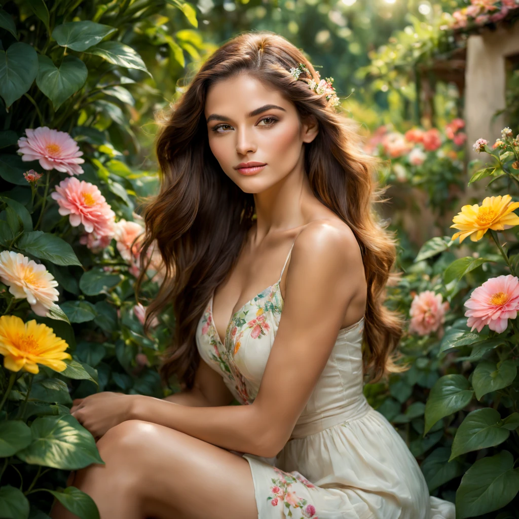 Una hermosa mujer de unos treinta años, Ahora mismo, con ojos hipnotizantes, Cabello largo y suelto, y una expresión confiada. Ella está sentada en un jardín vibrante y colorido, rodeado de exuberante vegetación y flores en flor. La luz del sol se filtra a través de las hojas, creando un ambiente suave y etéreo. La piel de la mujer es impecable y radiante, con un brillo saludable. Su pose es relajada, con una mano apoyada en la rodilla y la otra tocando suavemente un pétalo de flor. La escena está capturada en un estilo soñador y pictórico, parecido a un retrato renacentista o una obra maestra impresionista. Los colores son vivos y saturados, con una paleta de colores cálidos y acogedores. La iluminación es suave y difusa., proyectando un suave resplandor en el rostro de la mujer y resaltando los delicados detalles de sus rasgos. La calidad general de la imagen es del más alto calibre., con texturas ultra detalladas y renderizado realista. La obra emana una sensación de tranquilidad, feminidad, y belleza atemporal.