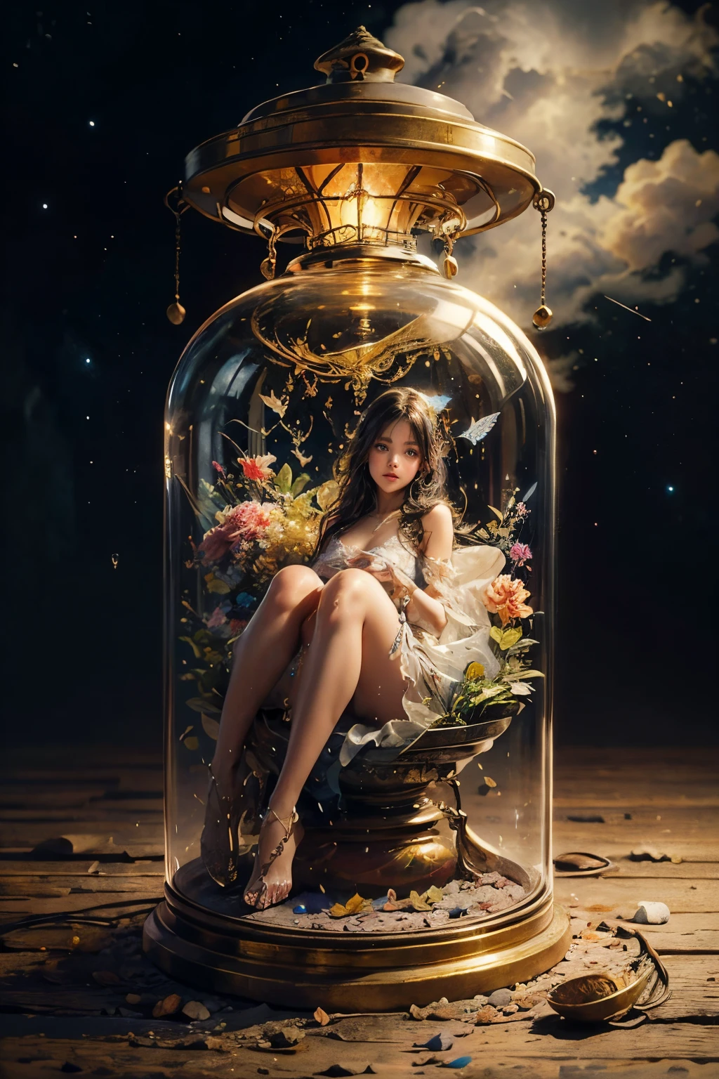 (masterpiece), best quality, expressive eyes, perfect face, huge hourglass, antique hourglass, floating antique clock, beautiful girl inside the hourglass, beautiful Latin girl behind the clock glass, floating antique clock, lamp , lantern, dark night sky, cloudy sky, rain clouds with lightning, beautiful girl looking up, long black hair, dark, high resolution, 8k, beautiful latin girl face, cool beauty, transparent white silk dress, style beauty, bright fog. Paint water splashes. Magic spell. Baroque elements, intricate oil paintings, swirling bubbles and fountains, full body, extremely detailed (Fractal Art: 1.3), colorful, more detailed, slight smile, sitting on stool with legs spread, view of pubic hair, 1 sexy girl in clothes transparent, small breasts exposed, transparent open t-shirt, tattoos of mandalas and flowers, best quality, black and brown hair merged in water, naked girl, beautiful visible pubic area, small breasts in sight, perfect hair, perfect full lips, body delicate and perfect, digital painting, intricately detailed eyes looking up, girl looking up, metallic colors and enamel, fine art, finely drawn hands; magical garden, metallic roses, autumn leaves, metallic colors and enamel, meditation, girl in a state of meditation, rain, wlop style art, Latin girl with tanned skin, shiny brown skin, bare feet stepping on garden grass, scene inside glass hourglass, floating antique clocks, impressionist art,
