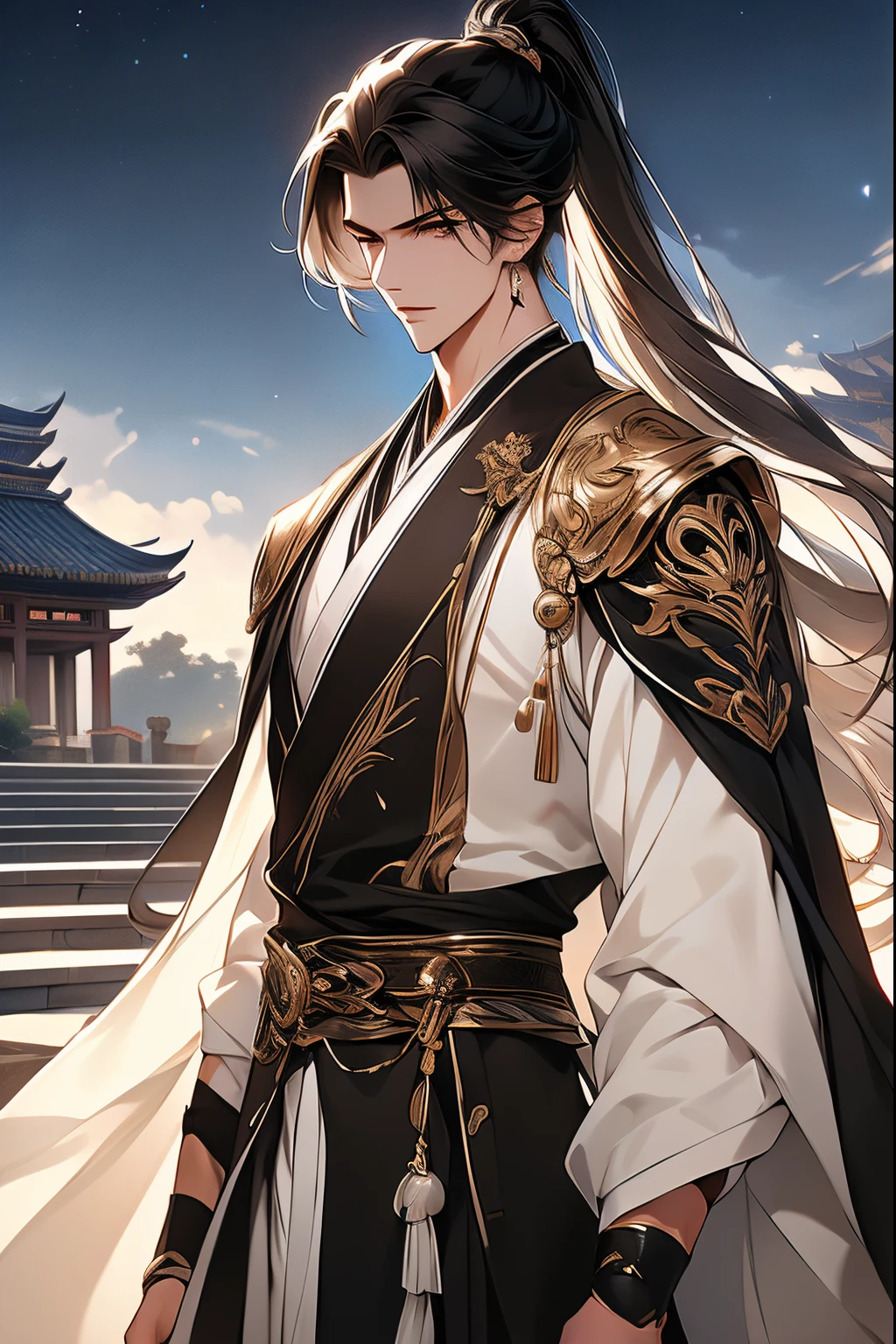 (Best quality,A high resolution,The image is clear，Garden scene，:1.2),A boy with，the only person，Ultra detailed backgrounds,Beautiful teenager standing holding sword，Chinese-style clothes，high ponytails，natta，Garden scene,under moonlight,starrysky，Blue and White Clothes，Asian architecture，Romantic atmosphere,，Dutch Angle Shot,gentlesoftlighting,portrait of upper body，Noble prince，Eye focus，a sharp gaze，
