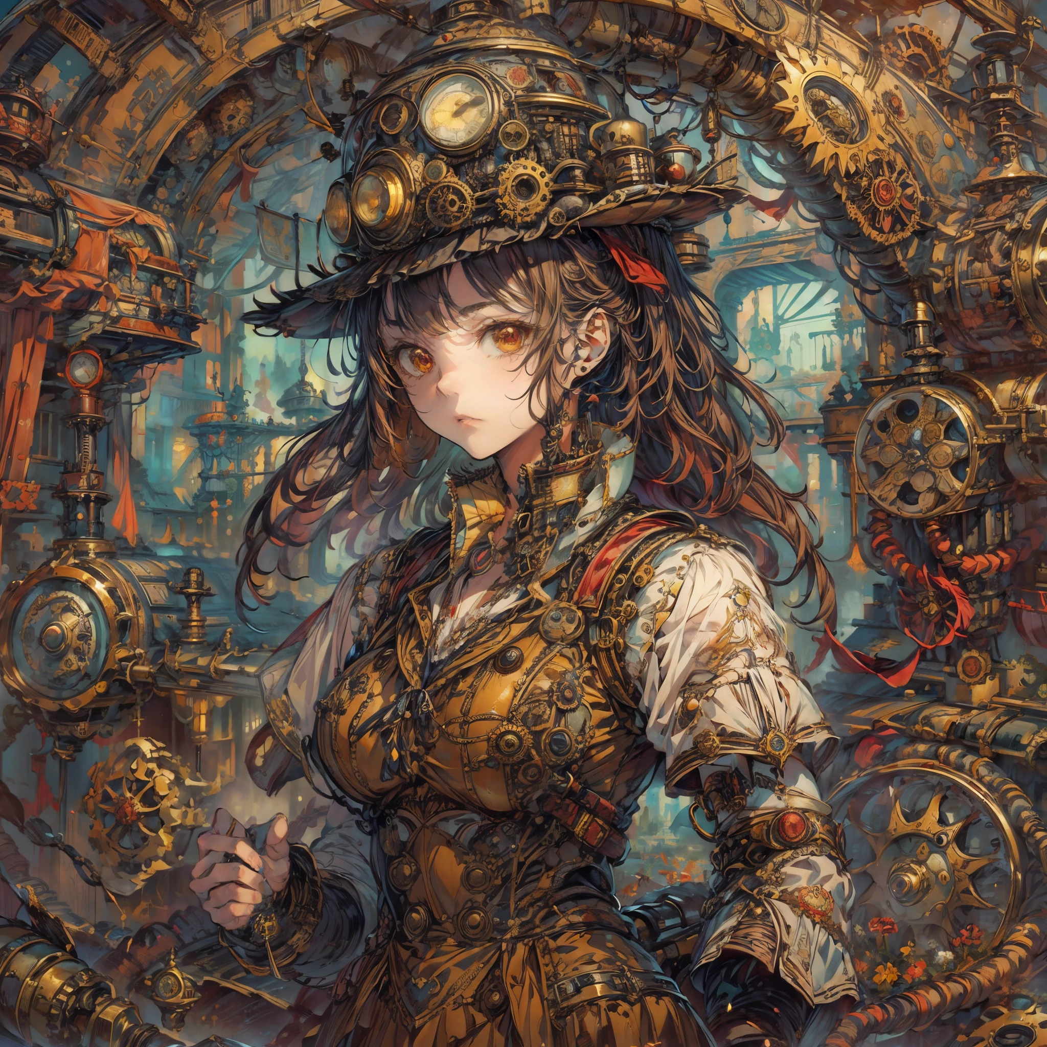 Base Layer: Ultra-detailed painting of a steampunk world, filled with gears, steam engines, industrial revolutionary gadgets, pistons, steam-spouting mufflers, shafts, pressure gauges, and meters, BREAK Middle Layer: Steam Princess, an anime-style kawaii girl, embodying the fusion of Taisho romantic fashion with steampunk decorations and accessories, BREAK Foreground Layer: N/A (No specific additional elements beyond the main character and setting), BREAK Effect Layer: Highlighting the intricate detail of the steampunk background and the unique character design of the Steam Princess, BREAK Final Touches: Creating a harmonious blend of Japanese and steampunk aesthetics, celebrating science and technology.
