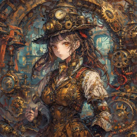 Base Layer: Ultra-detailed painting of a steampunk world, filled with gears, steam engines, industrial revolutionary gadgets, pi...