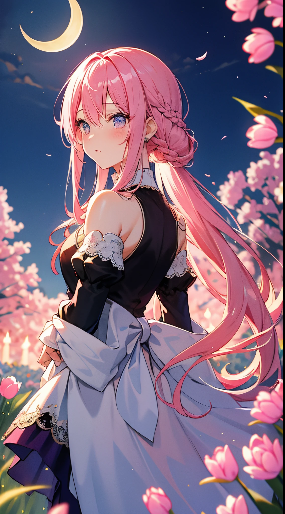 pink hair, straight hair, lace braid ponytail, sapphire eyes, slim body, tulip gardens, night, masterpiece, royal princess robes, crescent moon hairpin