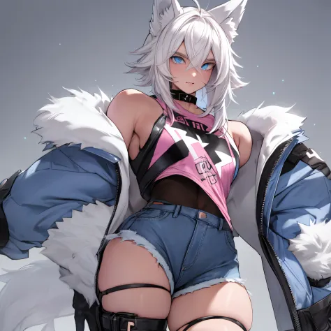 Single boy, Anime Femboy, Short, Long white hair, wolf ears, wolf tail, blue eyes, wearing short denim shorts, thigh high fishnets, black combat boots, wearing fur lined open pink jacket, flat chest, super flat chest, wearing cropped t-shirt, solo femboy, ...