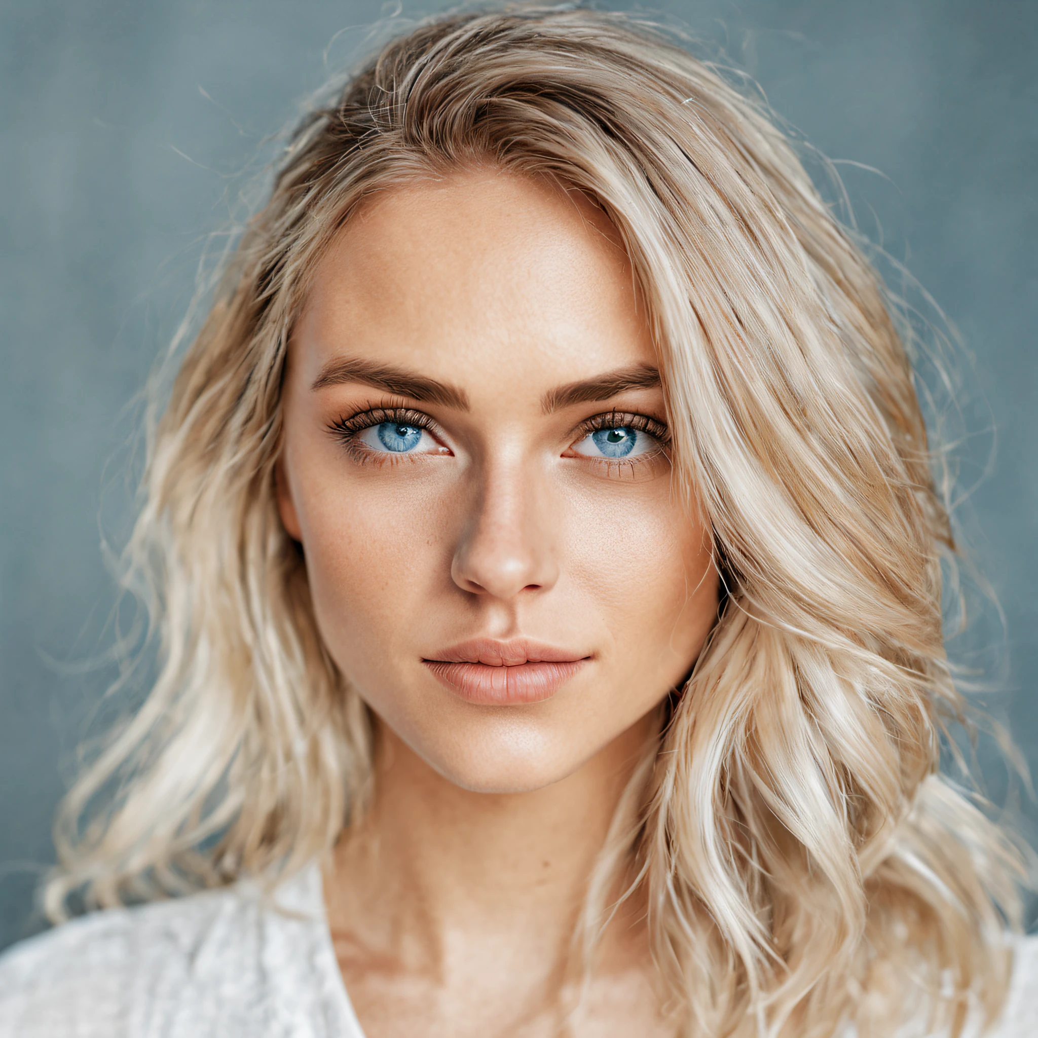realistic portrait photo of a beautiful woman with blonde hair, slightly faded hair roots, Nordic, Influence, clear blue eyes, no-makeup, instagramart