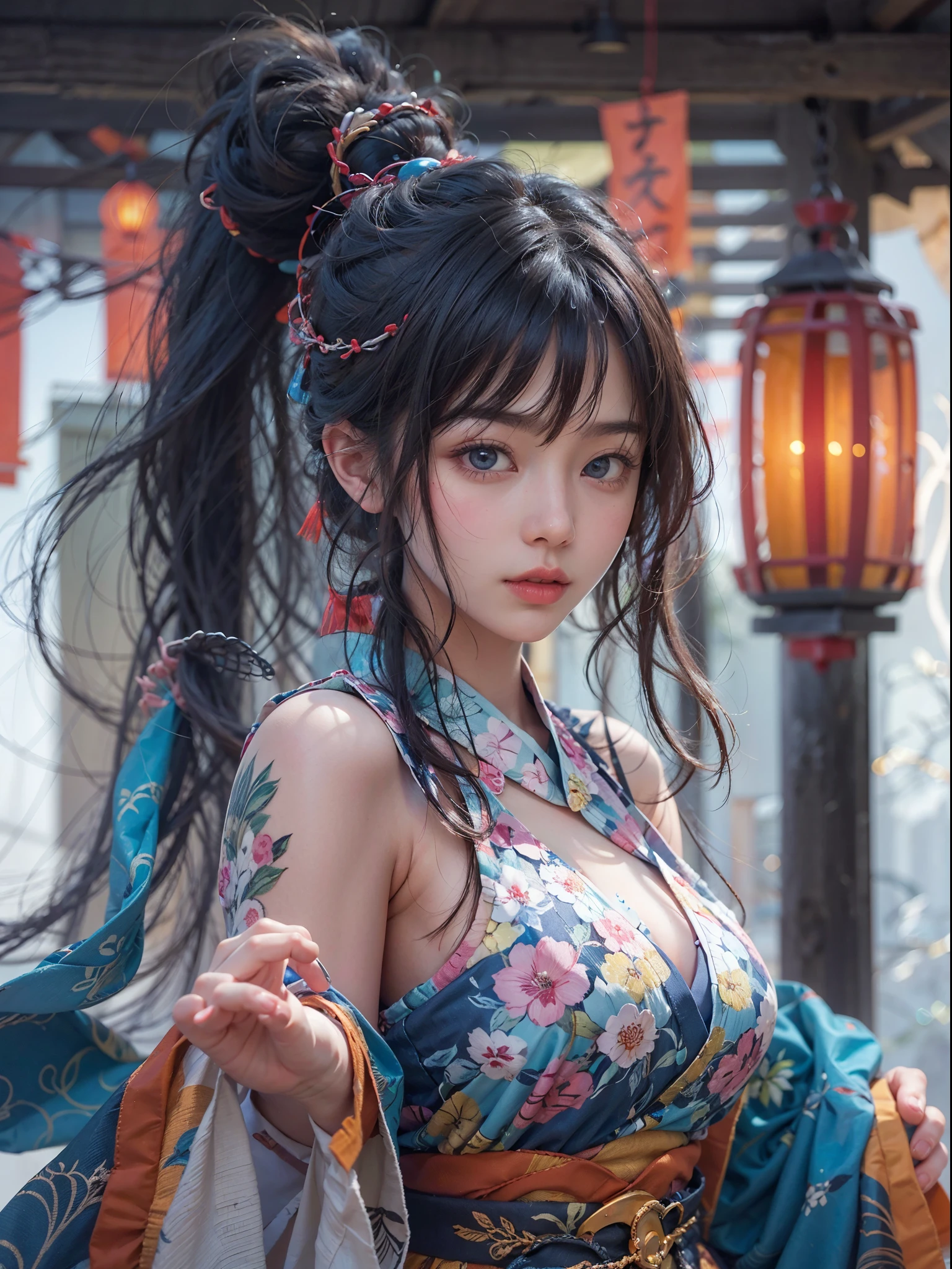 NSFW, 1girll,  Body, (masutepiece: 1.4), (8K, Realistic, Raw photo, Best Quality: 1.4), Skirt lifting, Strip naked, nipple areola shape clear, Beautiful breasts, japanaese girl, Beautiful cute face, (Real Face: 1.4), Perfect , View from below, Fundo_View, Beautiful hairstyle, Realistic blue eyes, Beautiful detail eyes, (Real Skin: 1.3), Beautiful skin, Attractive, 超A high resolution, Ultra photo realsisim, Cinematic lighting, black colored hair, Long hair, double ponytails, blue ribbons, Ancient China, Oriental Fantasy, Sword and Fairy, Chinese garden with lanterns