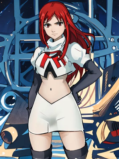 1girl, solo, erza scarlet, fairy tail, red hair, brown eyes, long hair, looking at viewer, serious, closed mouth, team rocket uniform, red letter R, white skirt,white crop top,black thigh-high boots, black elbow gloves, smile, looking at viewer, cowboy sho...