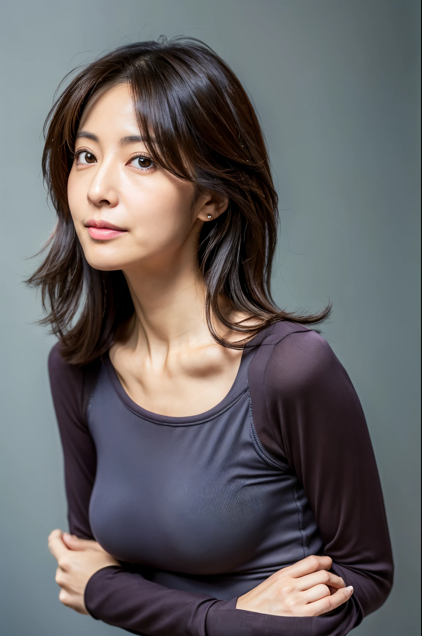 (High reality photograph, high resolusion, detailed face, detailed eyes) Skinny Japanese lady, 40 years old, cute face, various face expression, various hair style, skinny figure, small breasts, very thin waist, wearing tight clothes, emphasizing breasts, hide both hands