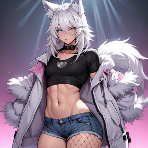 Single boy, Anime Femboy, Short, Long white hair, wolf ears, wolf tail, blue eyes, wearing short denim shorts, thigh high fishnets, black combat boots, wearing fur lined open pink jacket, flat chest, super flat chest, wearing cropped t-shirt, solo femboy, ...