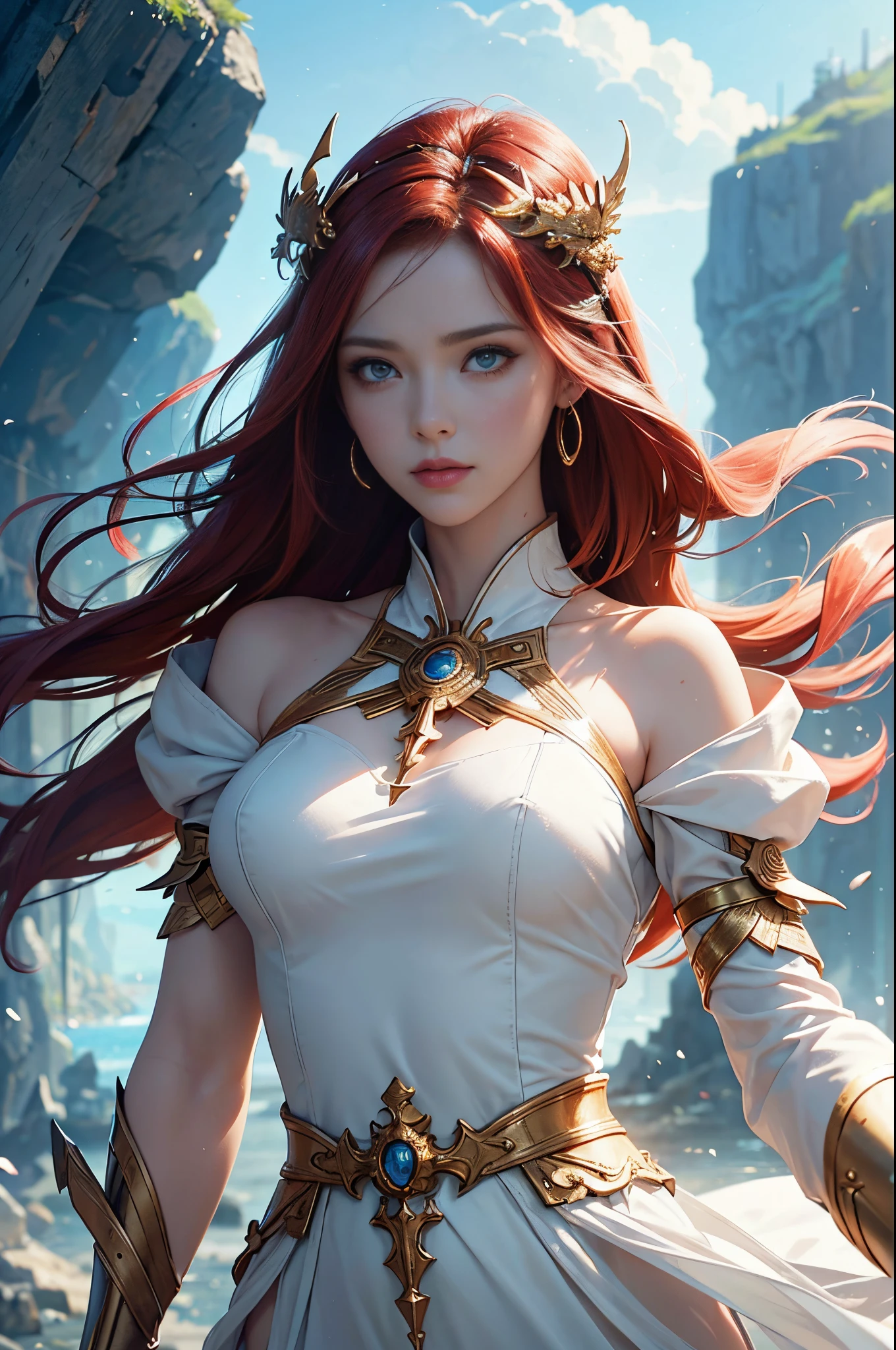 A woman with red hair and a white dress holding a sword - SeaArt AI