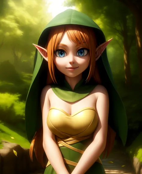 elf ears, leaf costume, ginger hair, 1girl, solo, facing viewer, looking at viewer, smile,, detailed, analog style, raw photo,be...