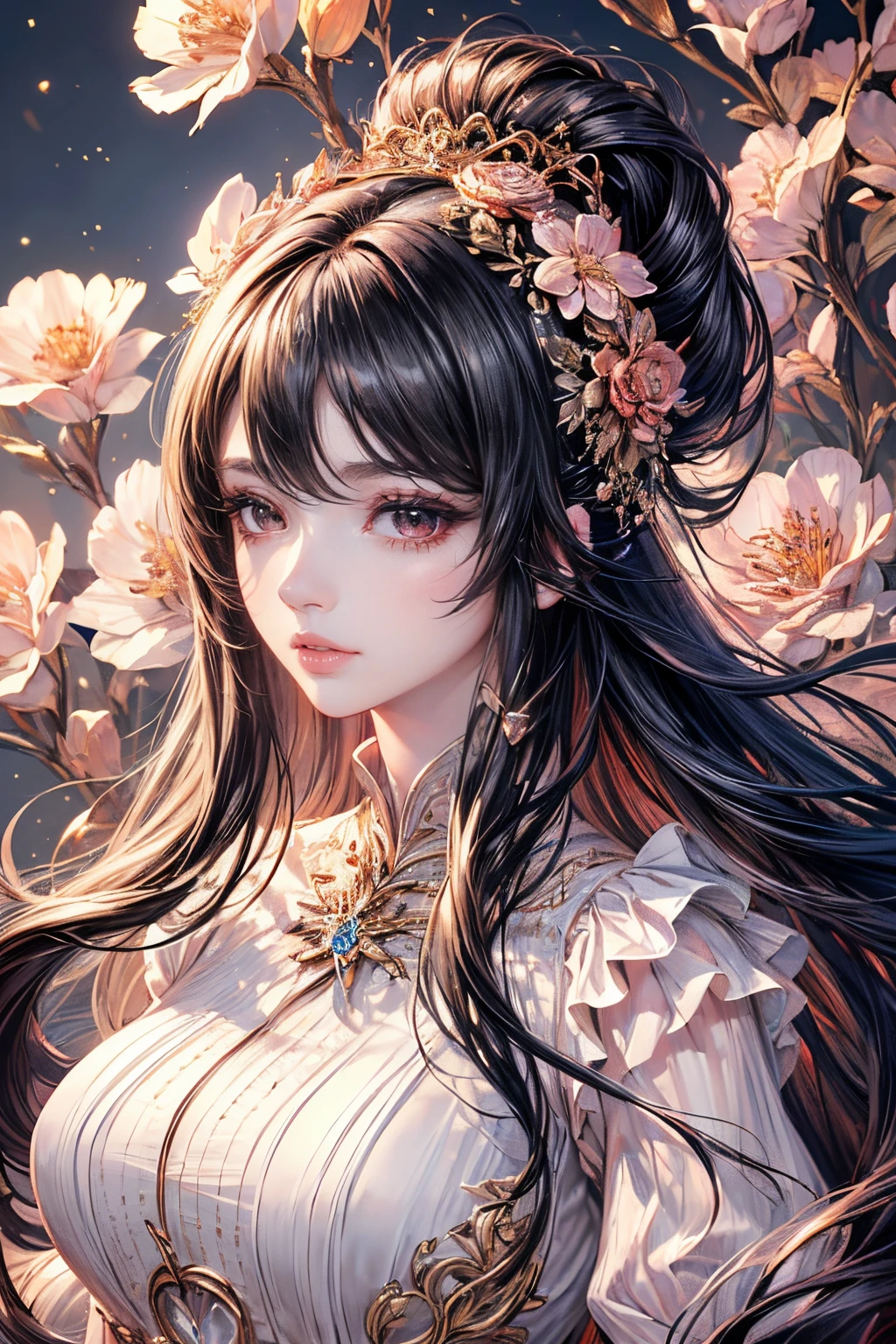 (best quality,8K,CG),(detailed upper body),(lonely girl),(floral dresorest background),(detailed facial features),(elegant black long hair),(almond-shaped red eyes),(detailed eye makeup),(long fluttering eyelashelinking large eyes),(twinkling stars),(intricate lip details),(soft and harmonious style)