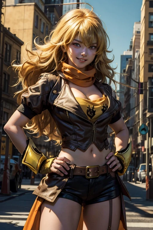 (masterpiece, best quality:1.2), cowboy shot, solo, 1girl, yang xiao long, grin, hand on hip, ahoge, purple eyes, brown jacket, yellow tube top, black shorts, black fingerless gloves, orange scarf, waist cape, midriff, cleavage, large breasts, cityscape background