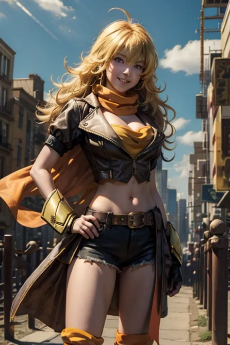 (masterpiece, best quality:1.2), cowboy shot, solo, 1girl, yang xiao long, grin, hand on hip, ahoge, purple eyes, brown jacket, ...