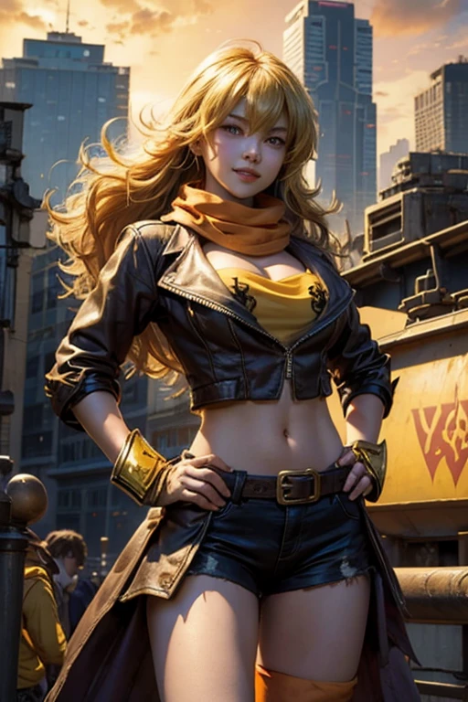 (masterpiece, best quality:1.2), cowboy shot, solo, 1girl, yang xiao long, grin, hand on hip, ahoge, purple eyes, brown jacket, yellow tube top, black shorts, black fingerless gloves, orange scarf, waist cape, midriff, cleavage, large breasts, cityscape background