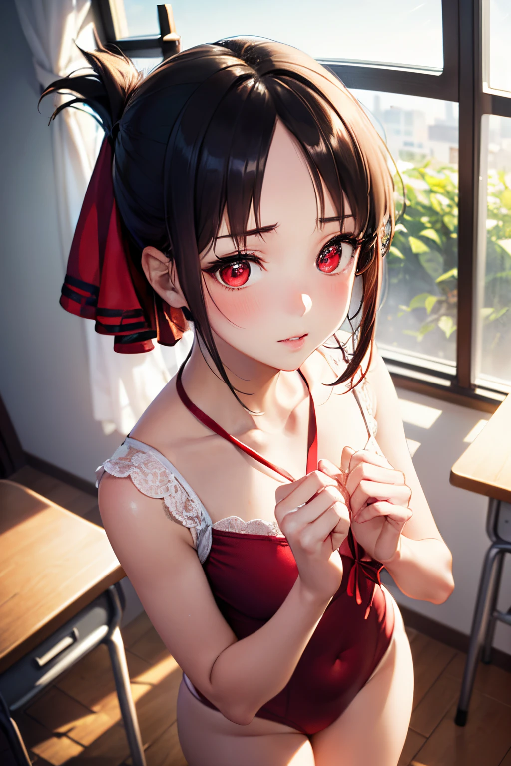 (masterpiece), delicate, extremely detailed, (watercolor), blooming, illustration, (1girl:1.4), (solo:1.2), (beautiful eyes, shiny eyes), (fluffy hair), photography, Studio Quality, Fisheye Lens, (best quality, glowing light, blushed, glistening, shiny skin, ultra detailed), (kaguya shinomiya, folded ponytail, forehead, hair ribbon, (red eyes:1.5), red ribbon, ribbon, short hair, sidelocks,), (swimsuit from above), sexy, (detailed background, complex background, school, classroom, window), (perfect face, detailed face, detailed eyes,perfect hands,perfect fingers), cowboy shot, ((8k wallpaper))