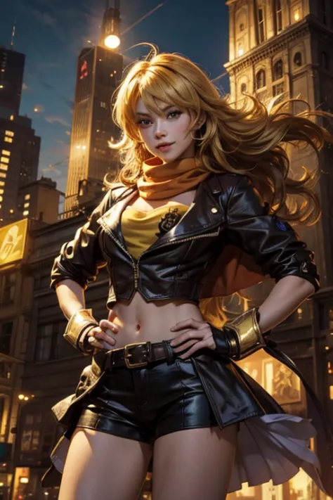 (masterpiece, best quality:1.2), cowboy shot, solo, 1girl, yang xiao long, grin, hand on hip, ahoge, purple eyes, brown jacket, ...