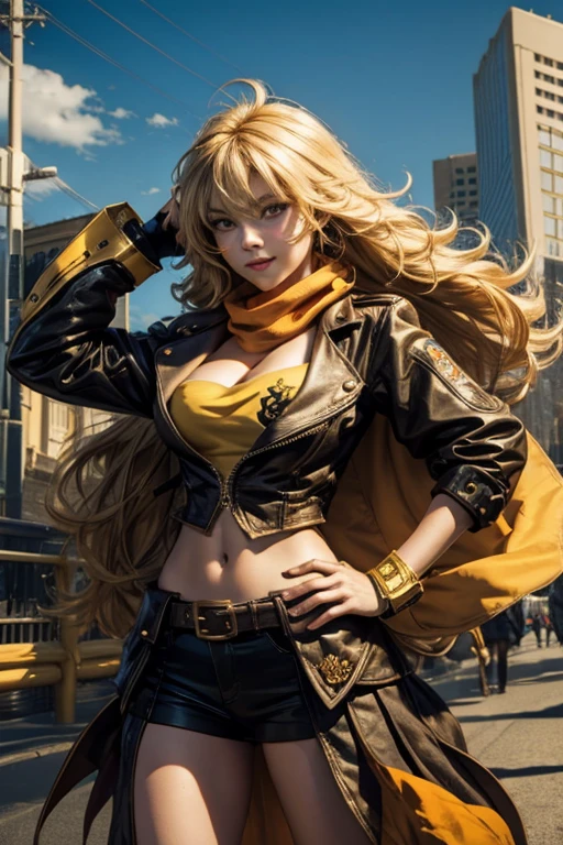 (masterpiece, best quality:1.2), cowboy shot, solo, 1girl, yang xiao long, grin, hand on hip, ahoge, purple eyes, brown jacket, yellow tube top, black skirt, black fingerless gloves, orange scarf, waist cape, midriff, cleavage, large breasts, cityscape background