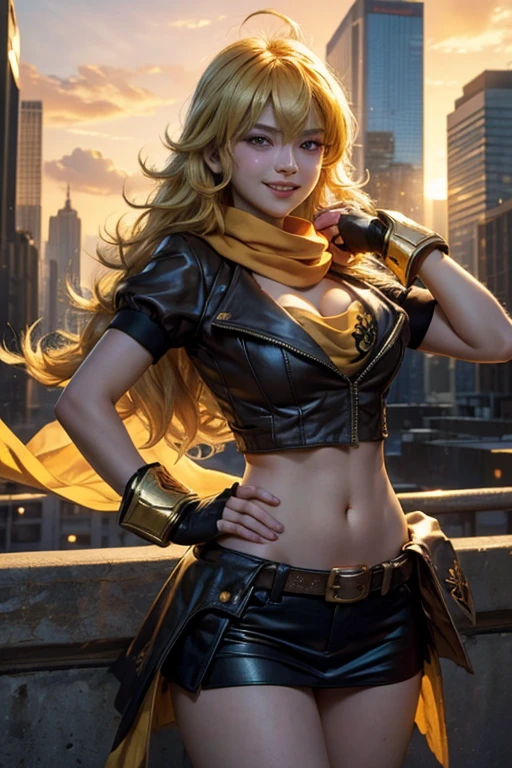 (masterpiece, best quality:1.2), cowboy shot, solo, 1girl, yang xiao long, grin,  ahoge, purple eyes,  yellow t-shirt, black skirt, black fingerless gloves, orange scarf,  midriff, cleavage, large breasts, cityscape background