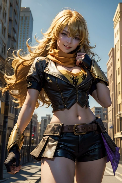 (masterpiece, best quality:1.2), cowboy shot, solo, 1girl, yang xiao long, grin,  ahoge, purple eyes,  yellow t-shirt, black skirt, black fingerless gloves, orange scarf,  midriff, cleavage, large breasts, cityscape background