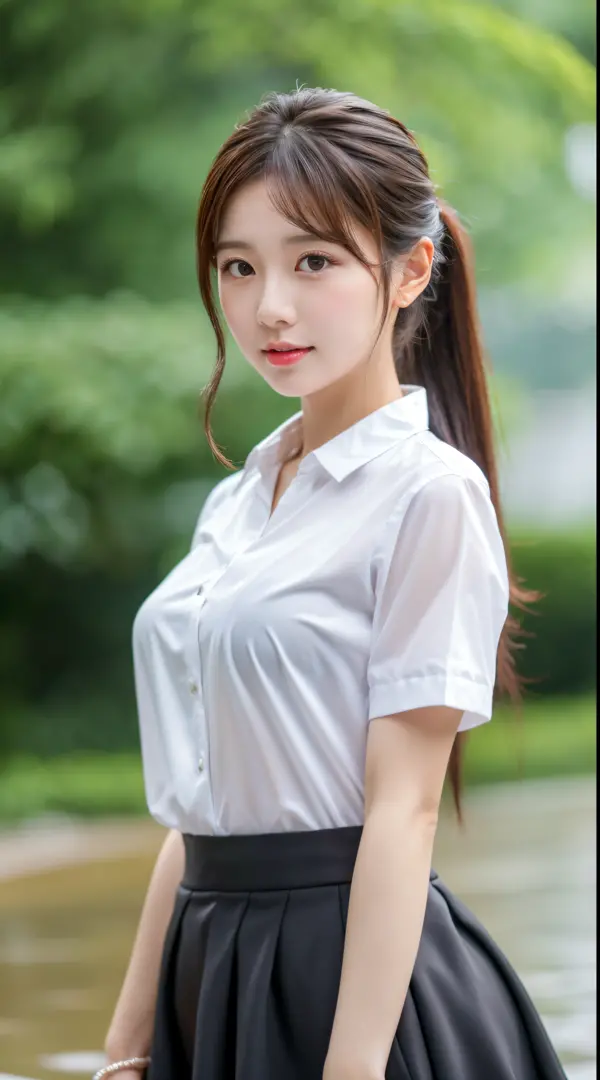 UHD, Extra close-up of cute Korean female,Chest size 32 inches ponytail, hazel eyes, wearing wet white shirt, black skirt, standing middle in the rain, bokeh background