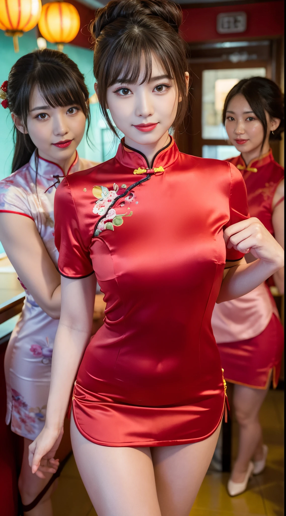 (top-quality、8K、​masterpiece、nffsw:1.2)、Three 19-year-old slender beauties lined up，Flashy makeup with red eyeshadow，double eyelid，delicate mid-cut ponytail，sexy cheongsam and silk miniskirt，The best smile，She is wearing a sexy short colorful cheongsam。。。，Chinese dress with deep slit，draw hands correctly，The background is the bright interior of a Chinese restaurant....，