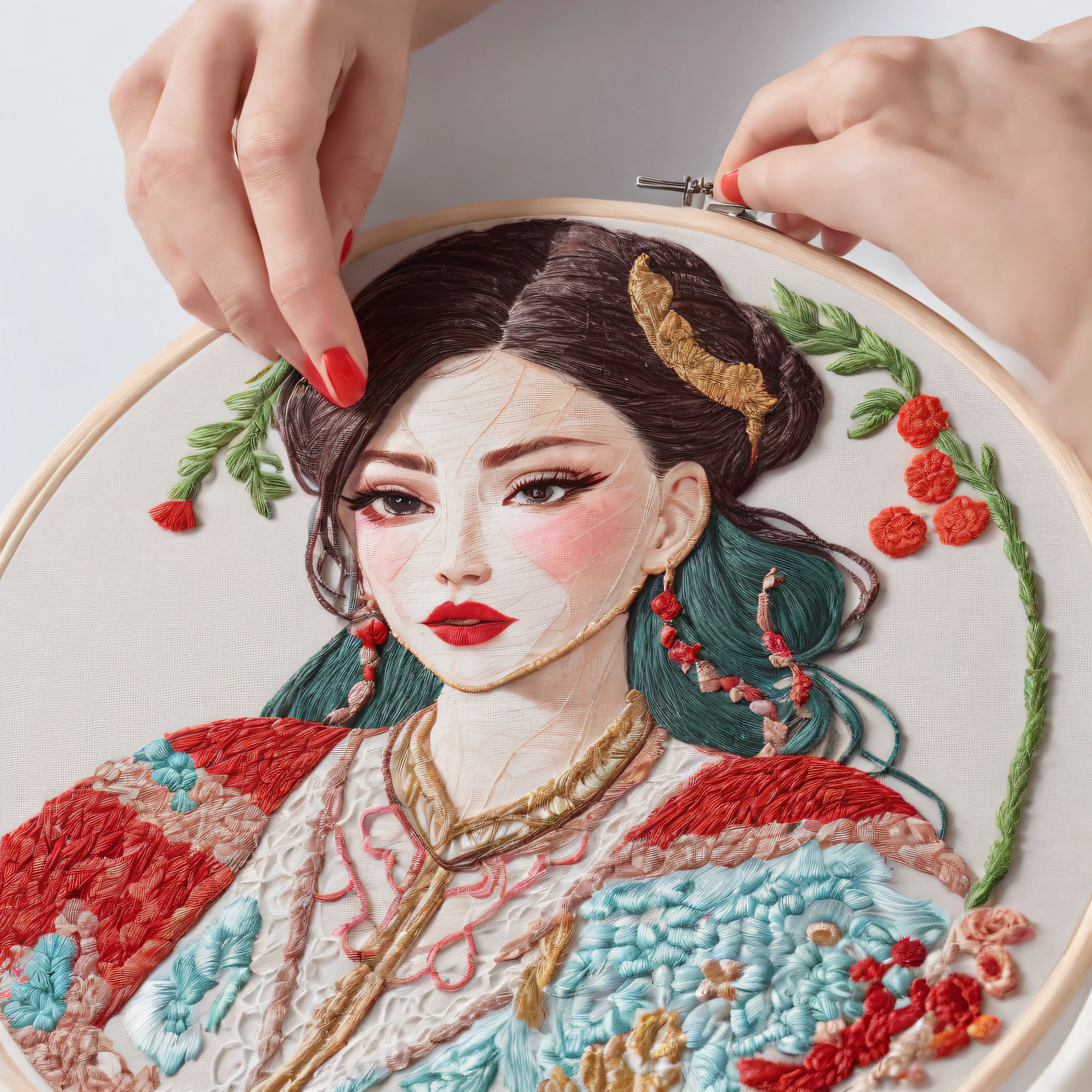 best composition、(Beautiful woman wearing ethnic costume、Thread the thick embroidery thread through the needle、By embroidering a picture of a beautiful girl based on a sketch、A picture of a beautiful girl was embroidered on a round embroidery frame.。.。.)、masutepiece