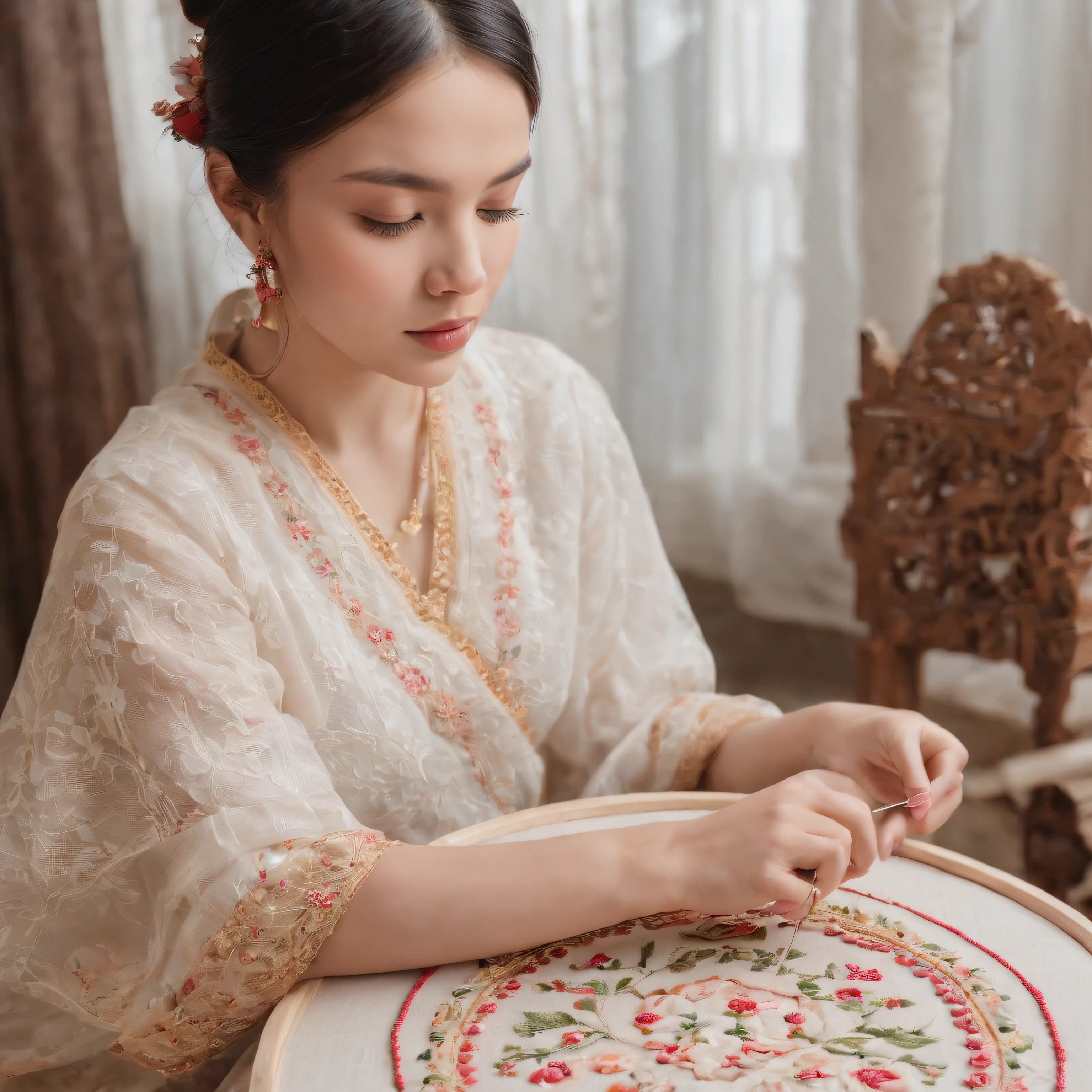 best composition、(Beautiful woman wearing ethnic costume、Thread the thick embroidery thread through the needle、By embroidering a picture of a beautiful girl based on a sketch、A picture of a beautiful girl was embroidered on a round embroidery frame.。.。.)、masutepiece