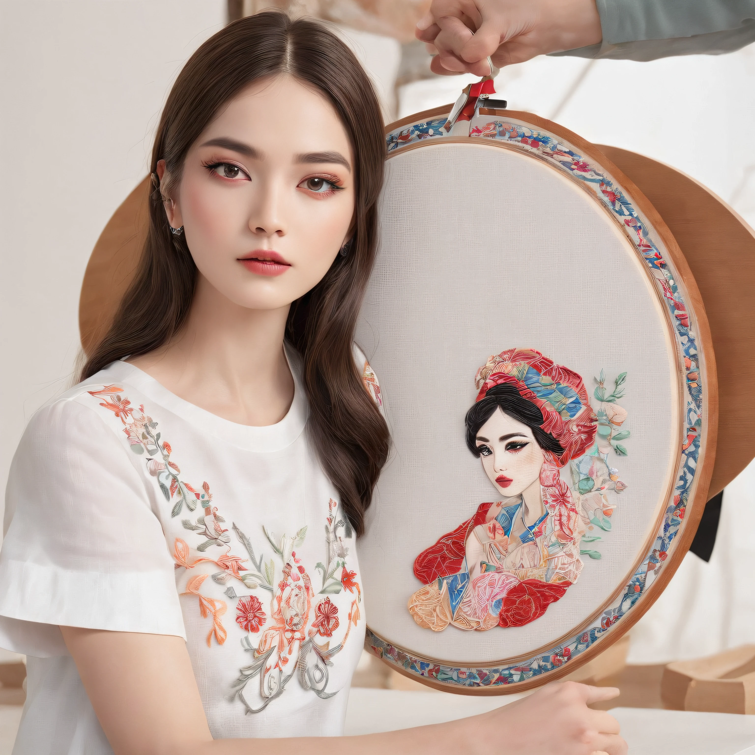 best composition、(Beautiful woman wearing ethnic costume、Thread the thick embroidery thread through the needle、By embroidering a picture of a beautiful girl based on a sketch、A picture of a beautiful girl was embroidered on a round embroidery frame.。.。.)、masutepiece