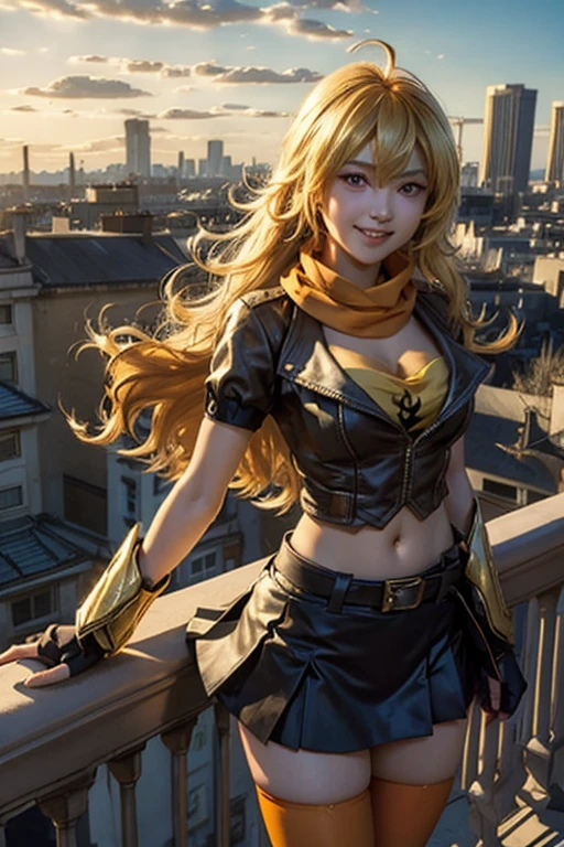 (masterpiece, best quality:1.2), solo, 1girl, yang xiao long, grin, ahoge, purple eyes, yellow t-shirt, black skirt, pantyhose, boots, black fingerless gloves, orange scarf, midriff, cleavage, large breasts, standing on balcony, cityscape background