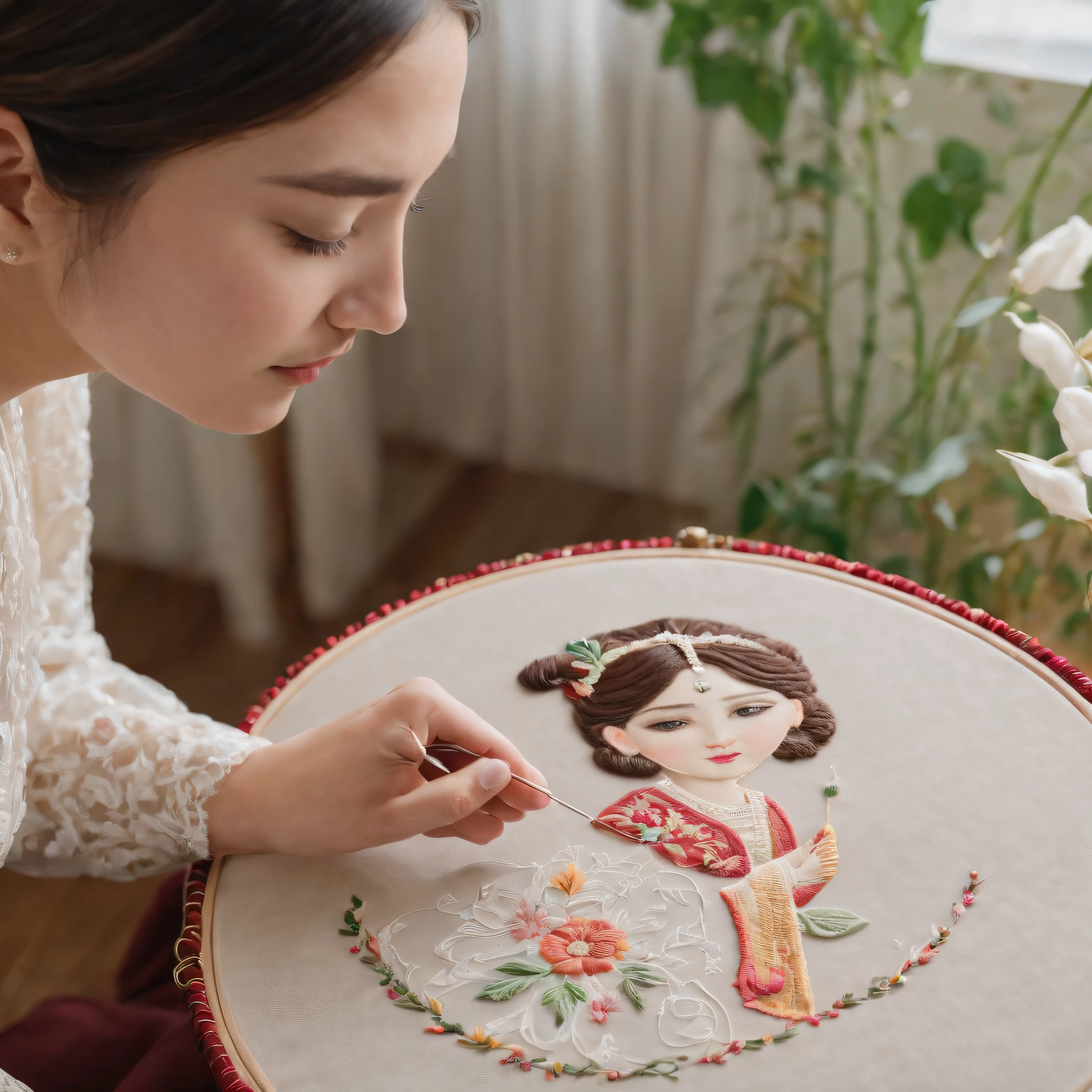 best composition、(Beautiful woman wearing ethnic costume、Thread the thick embroidery thread through the needle、By embroidering a picture of a beautiful girl based on a sketch、A picture of a beautiful girl was embroidered on a round embroidery frame.。.。.)、masutepiece